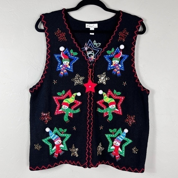 Kim Rogers Christmas Embroidered Sequined Snowman Zip Up Sweater Vest - Picture 1 of 13